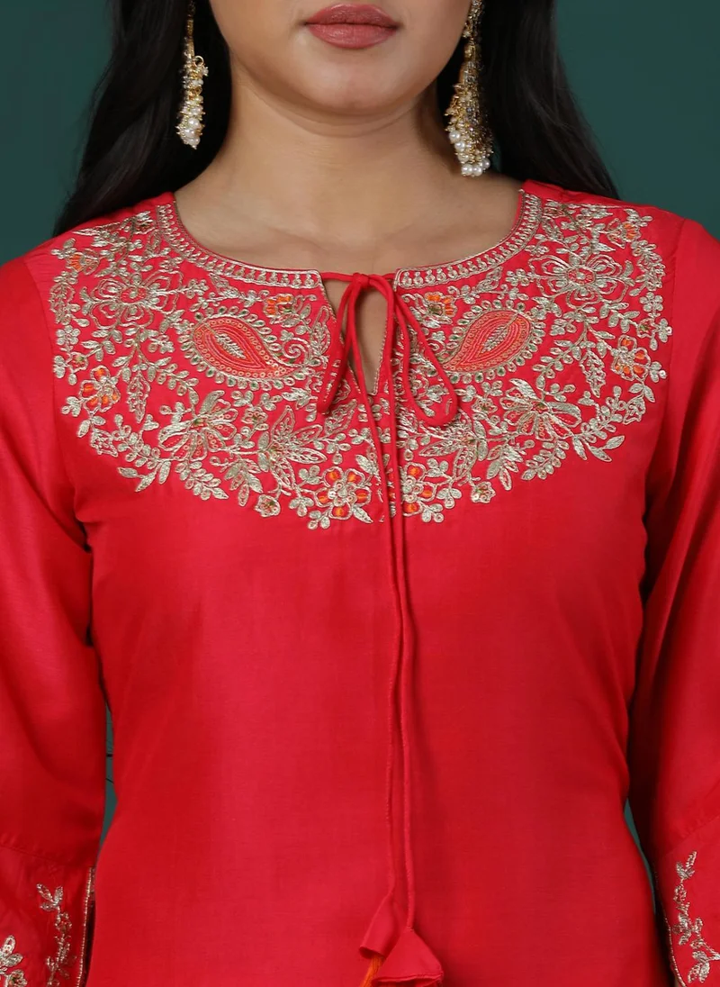 globus Globus Women Floral Embroidered Regular Thread Work Kurta With Palazzos Festive Set